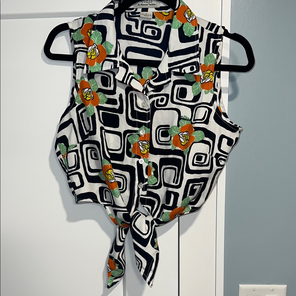 GUESS Black & White Geometric Tie-Front Camisole with Orange Floral Accents